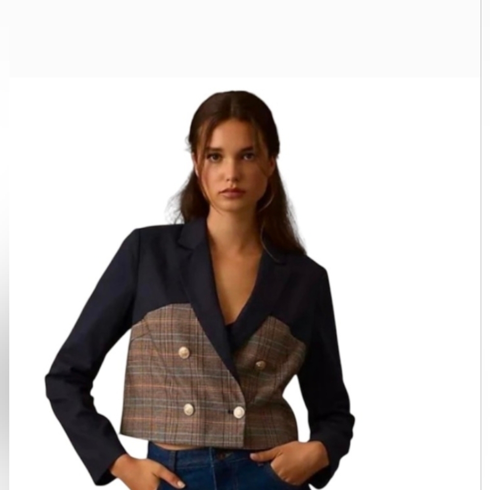 Jason Wu Navy and Plaid Crop Blazer Jacket Size Small *EUC - Picture 1 of 15
